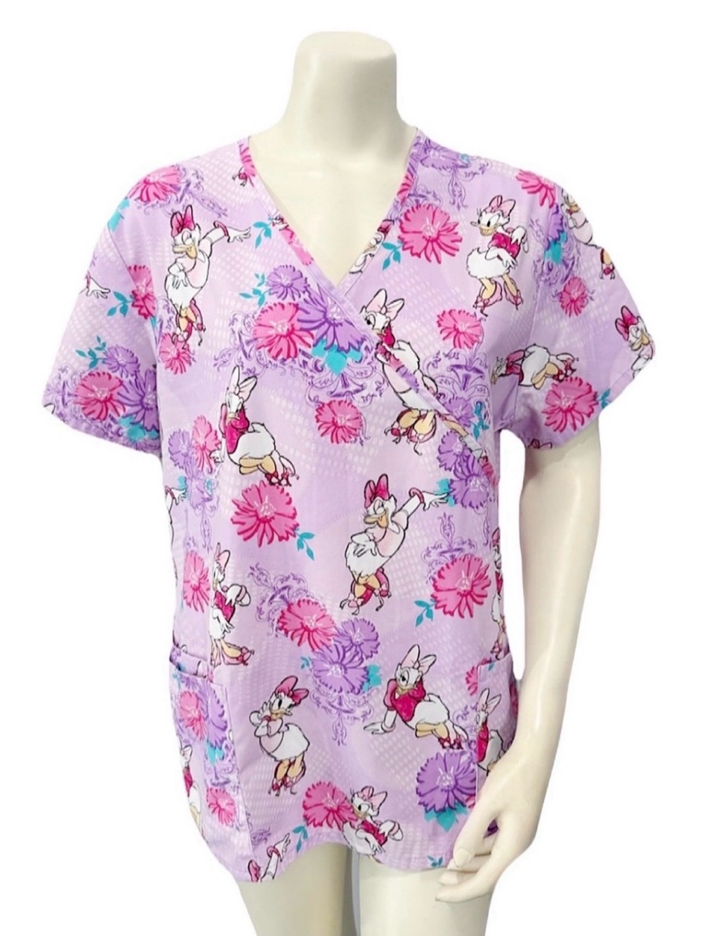Disney Daisy Duck Floral Scrub Top Women’s Large Purple Pink Medical Nurse - Picture 2 of 8